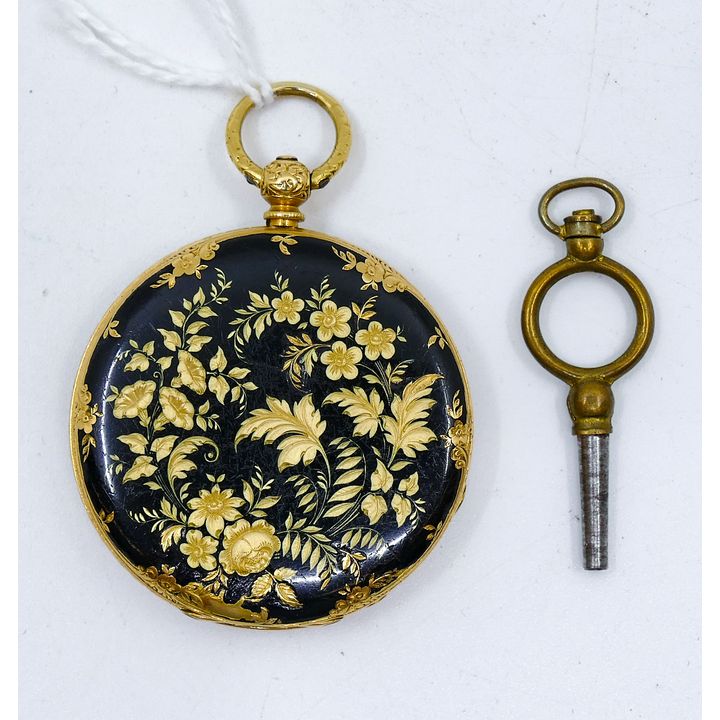 Antique 18k Floral Niello Enameled Pocket Watch 36mm