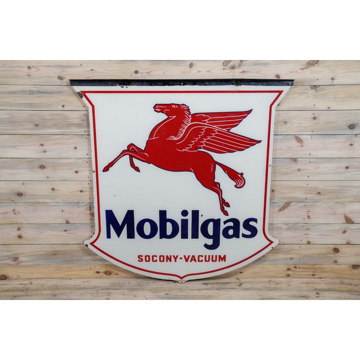 1936 Mobilgas w/ Pegasus Socony Vacuum Double Sided Porcelain Shield Shaped Sign TAC 8.5