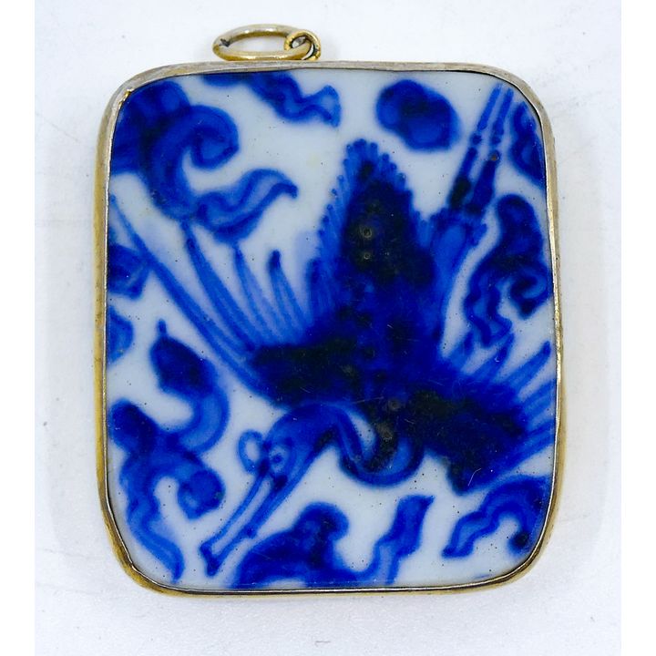 Antique Chinese Phoenix Porcelain Shard Pendant 1.5''