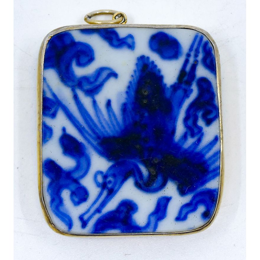 Antique Chinese Phoenix Porcelain Shard Pendant 1.5''