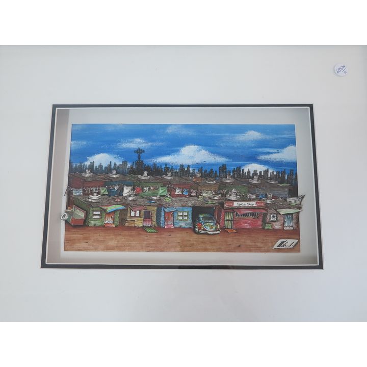 SA SCHOOL - MIXED MEDIA AND COLLAGE ON BOARD - SIGNED