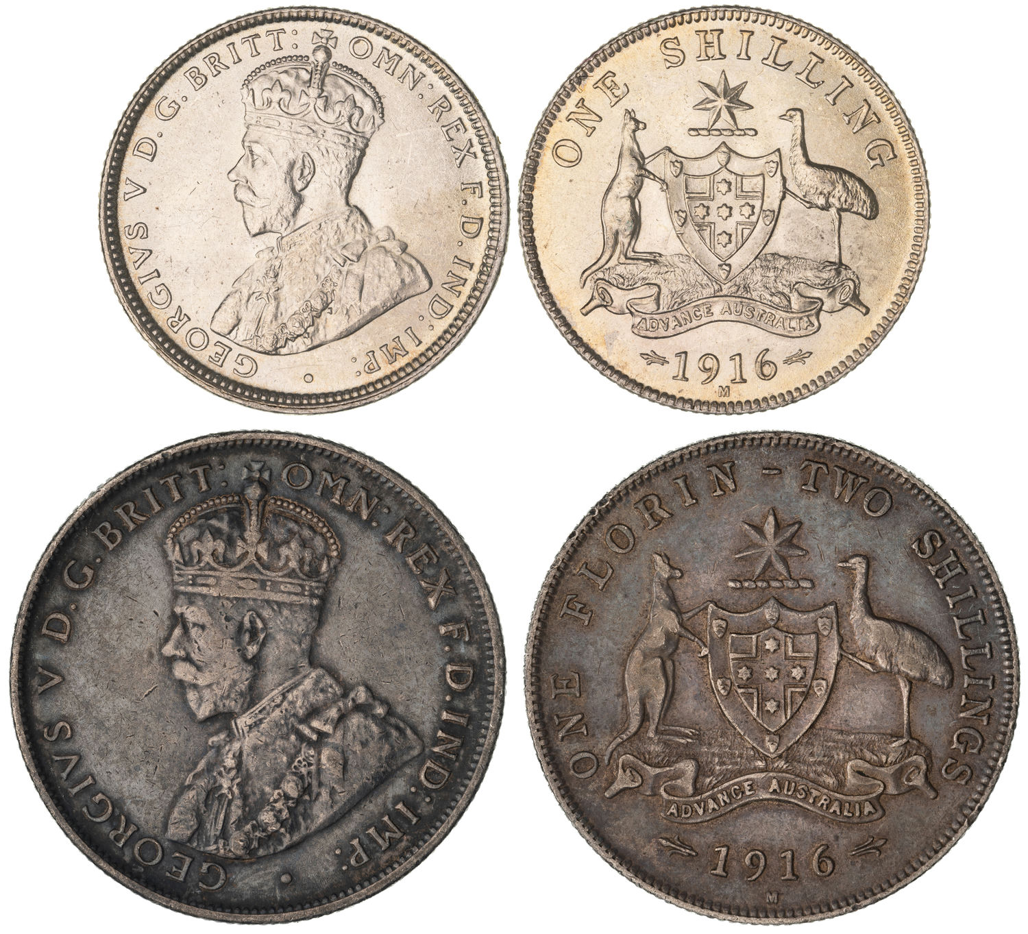 George V, Shilling - Florin, 1916-M, VF - UNC