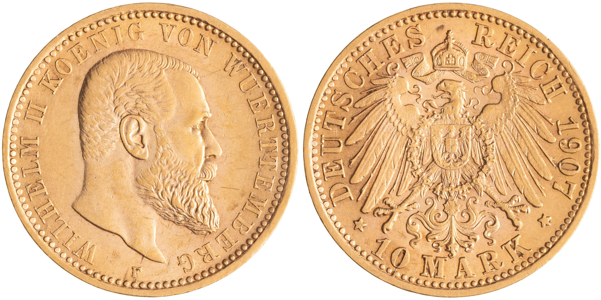 German States, William II, Kingdom of Wurttemburg, Ten Mark, 1907-F, gEF - aUNC