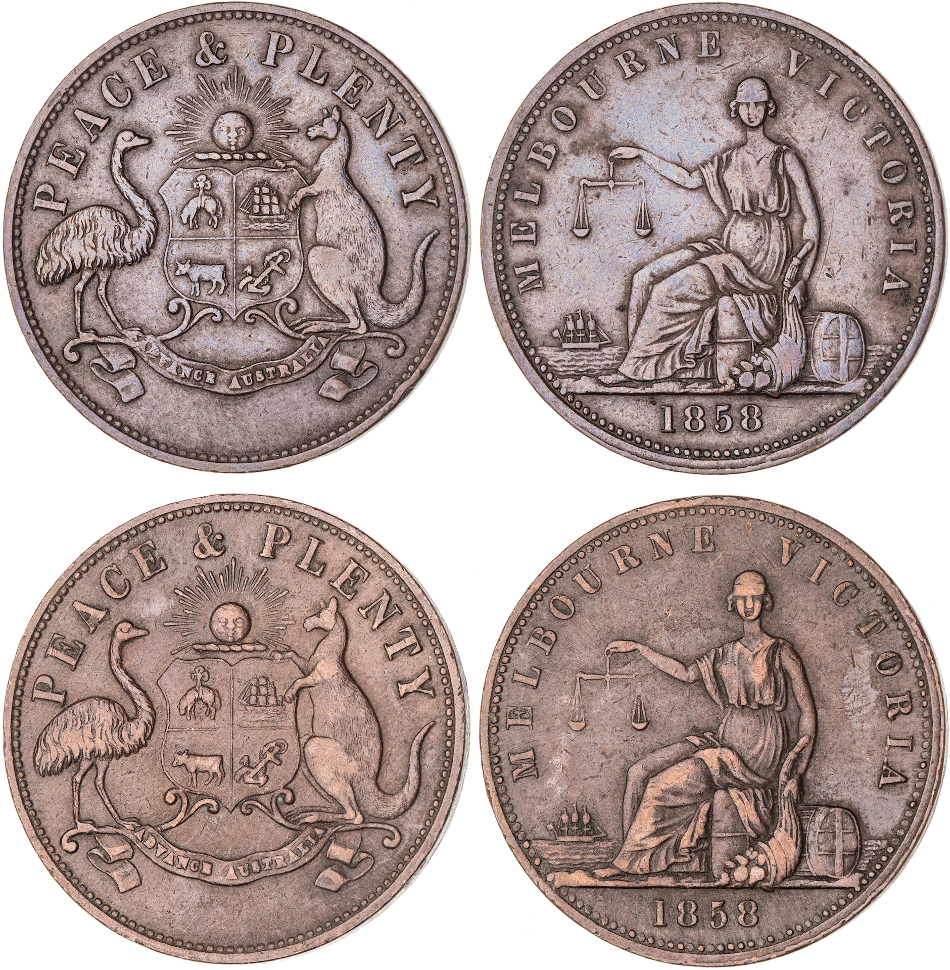 Melbourne, Victoria, Peace & Plenty, Penny, 1858, VF - gVF