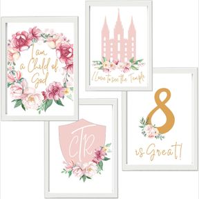 VICTORIAGRACES LDS SET OF 4 I AM A CHILD OF GOD - TEMPLE - 8 IS GREAT - CTR PINK PRINT SET - BAPTISM GIFT FOR GIRLS - GIRL WALL DE