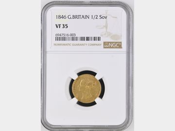 1846 VICTORIA SHIELD GOLD HALF SOVEREIGN VF35