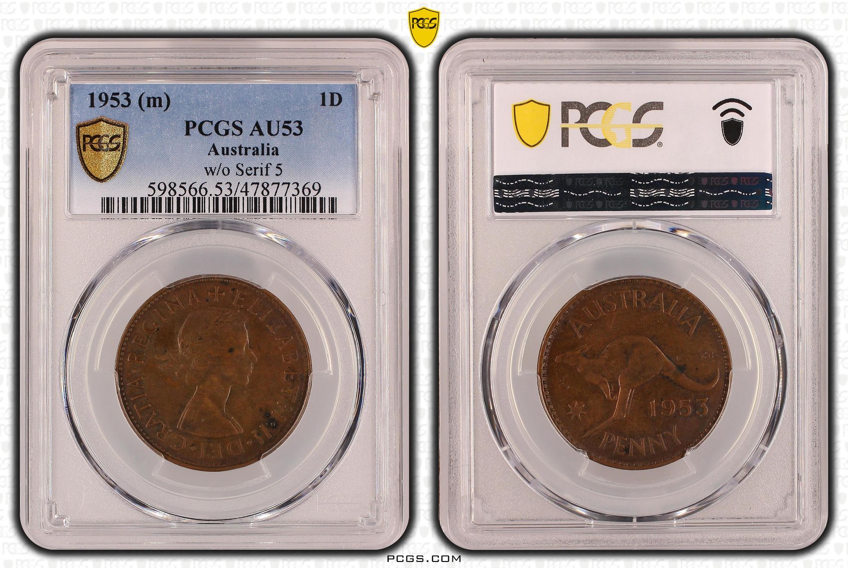One Penny, 1953, w/o Serif 5, PCGS AU 53BN
