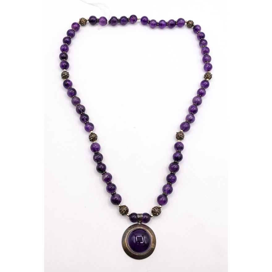 Nepalese Sterling & Amethyst Pendant Necklace 26''