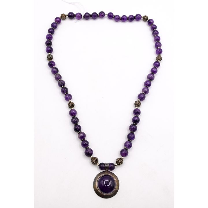 Nepalese Sterling & Amethyst Pendant Necklace 26''