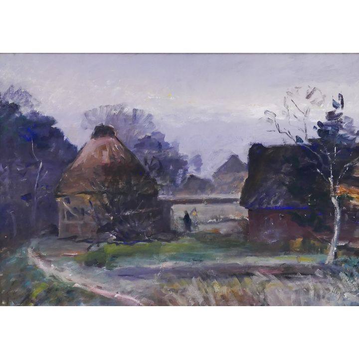 Bernhard Huys  'Cottage Scene, Freiberg' Oil on Masonite Painting Framed- 25x33"