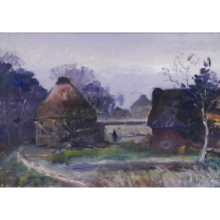 Bernhard Huys  'Cottage Scene, Freiberg' Oil on Masonite Painting Framed- 25x33"