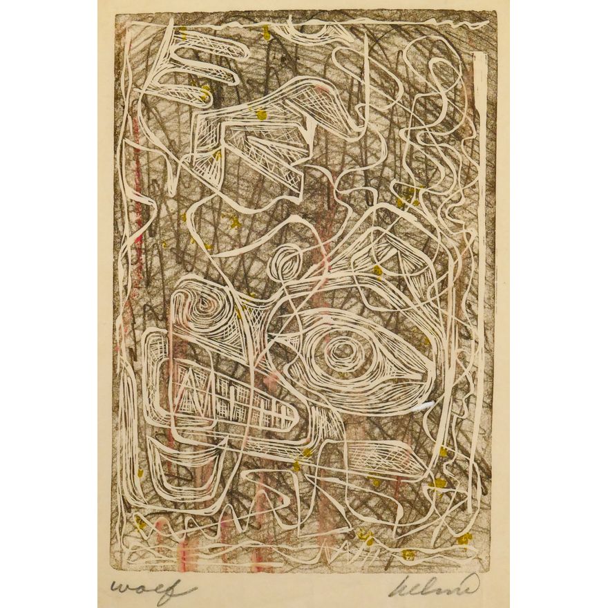 Helmi Juvonen ''Wolf'' Signed Linocut on Tissue 13''x9.5''