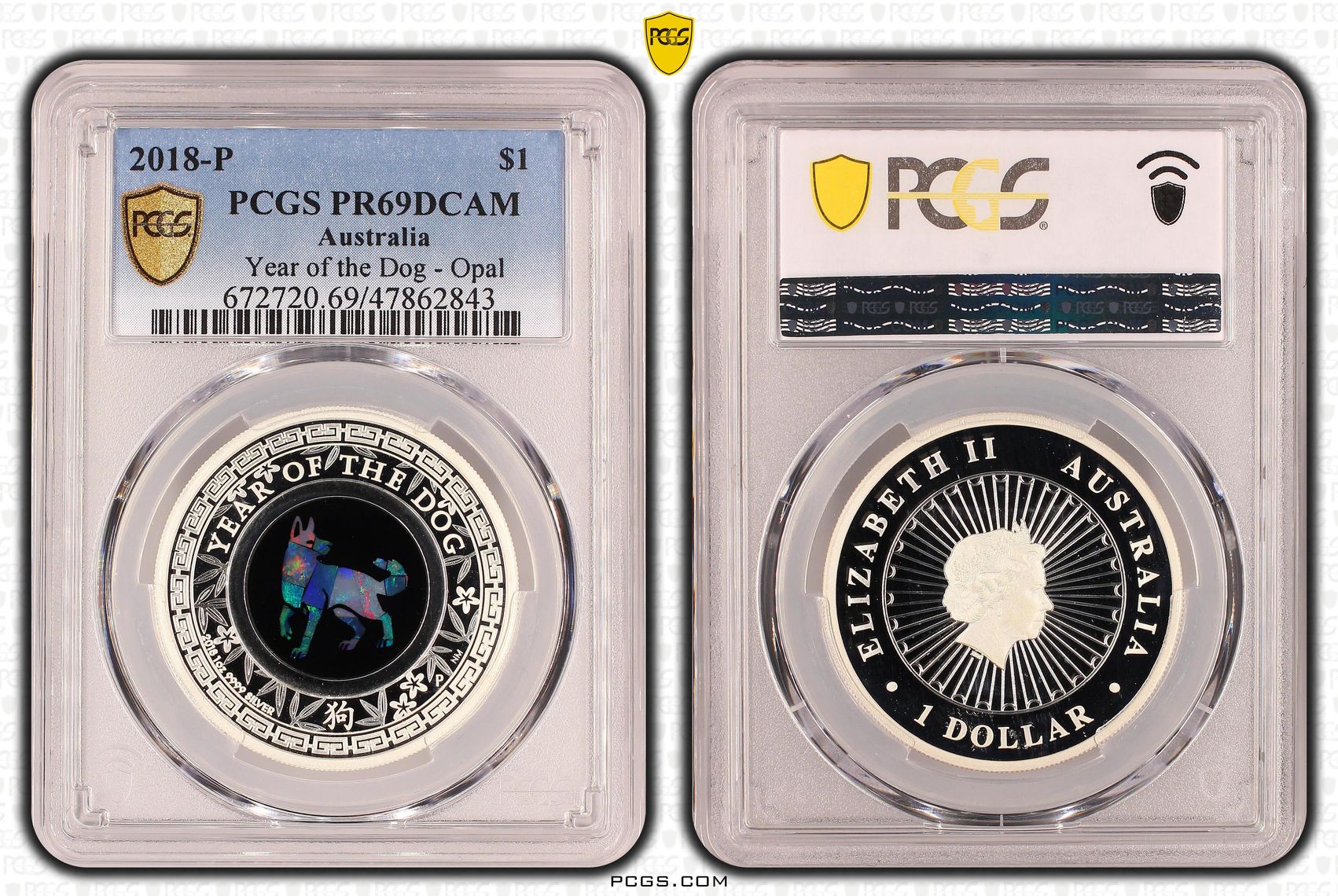 Year of the Dog Opal Ag, One Dollar, 2018-P, PCGS PR69DCAM