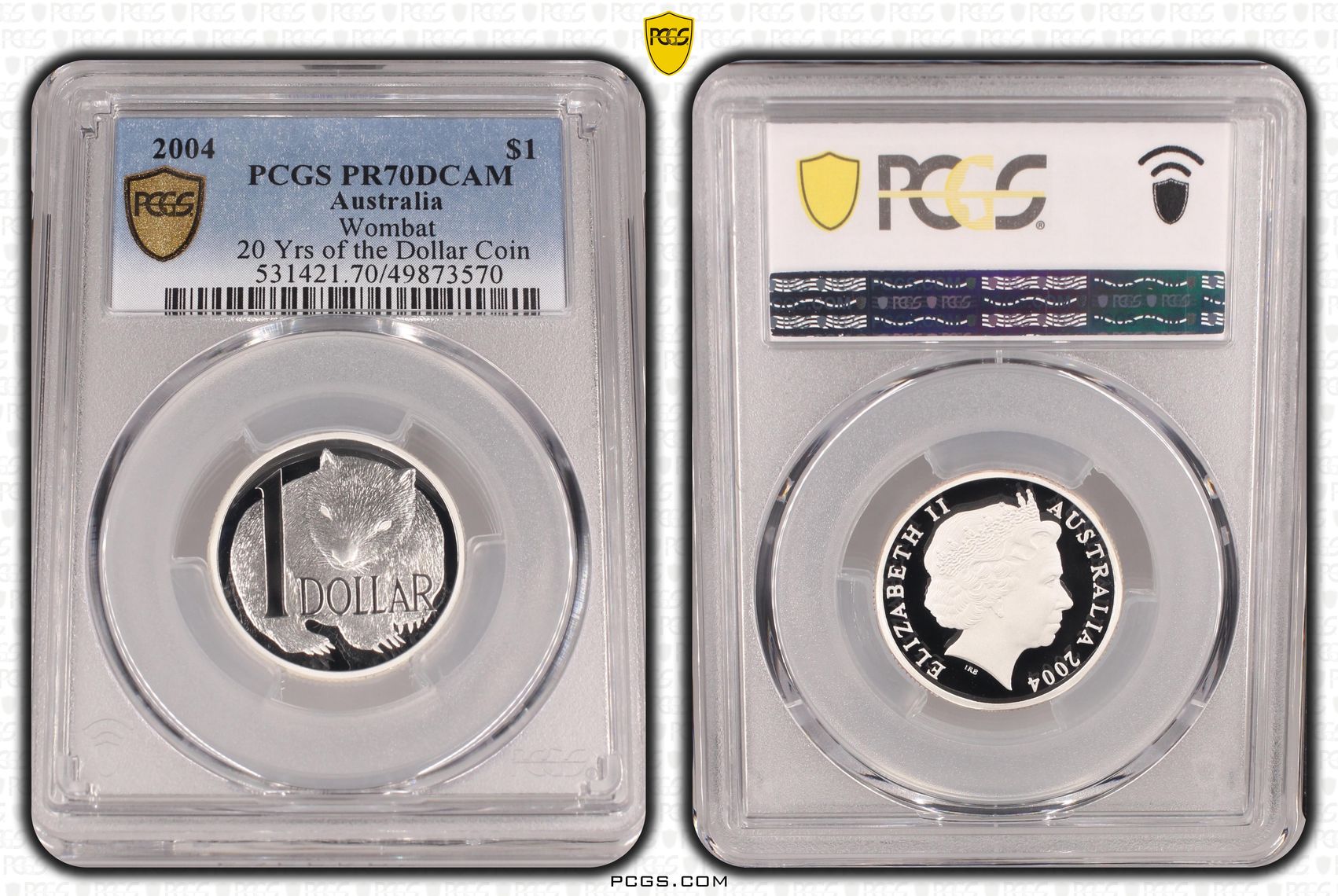 Wombat Silver 20 Yrs of the Dollar Coin, One Dollar, 2004, PCGS PR70DCAM
