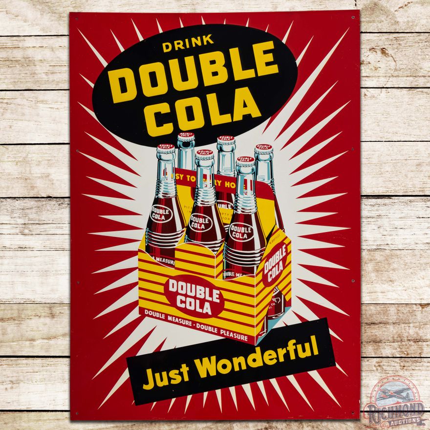 NOS Drink Double Cola "Just Wonderful" Emb. Single Sided Tin Sign w/ 6 Pack & Paper