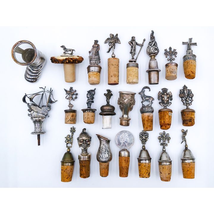 Box 22pc Continental Silver Figural Bottle Stoppers etc.
