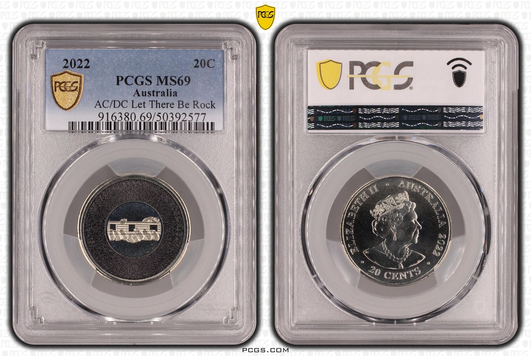 AC/DC Let There Be Rock POP 18/0, Twenty Cent, 2022, PCGS MS69