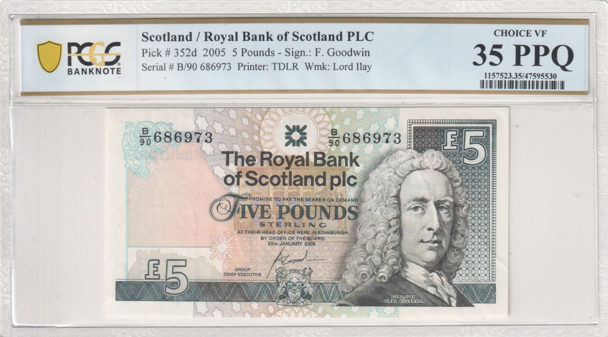 Scotland, Royal Bank of Scotland PLC, F. Goodwin, Wmk: Lord Ilay, Five Pound, 2005, PCGS Choice VF 35 PPQ