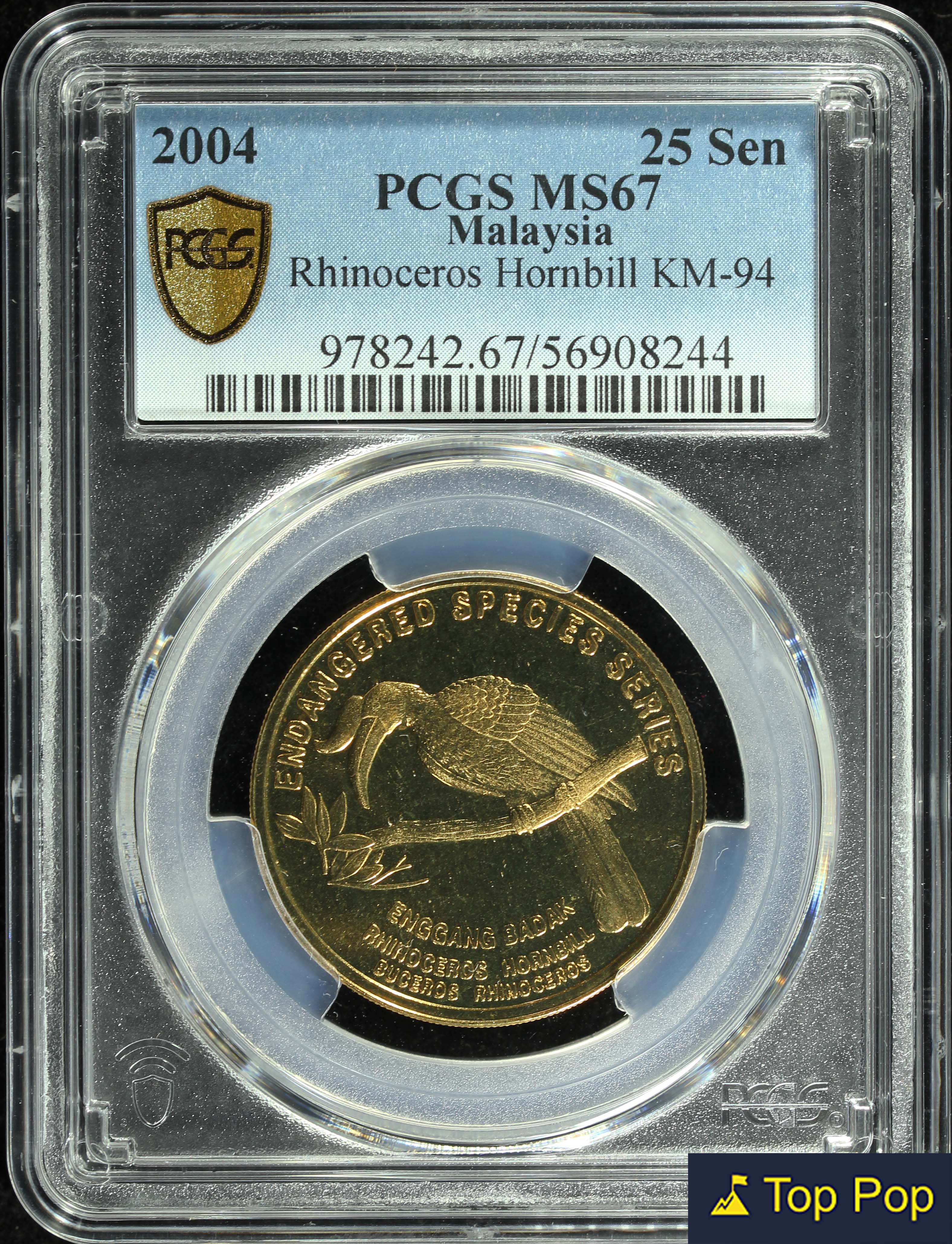 Malaysia, 2004, 25 Sen, Rhinoceros Hornbill, Top pop, PCGS MS67