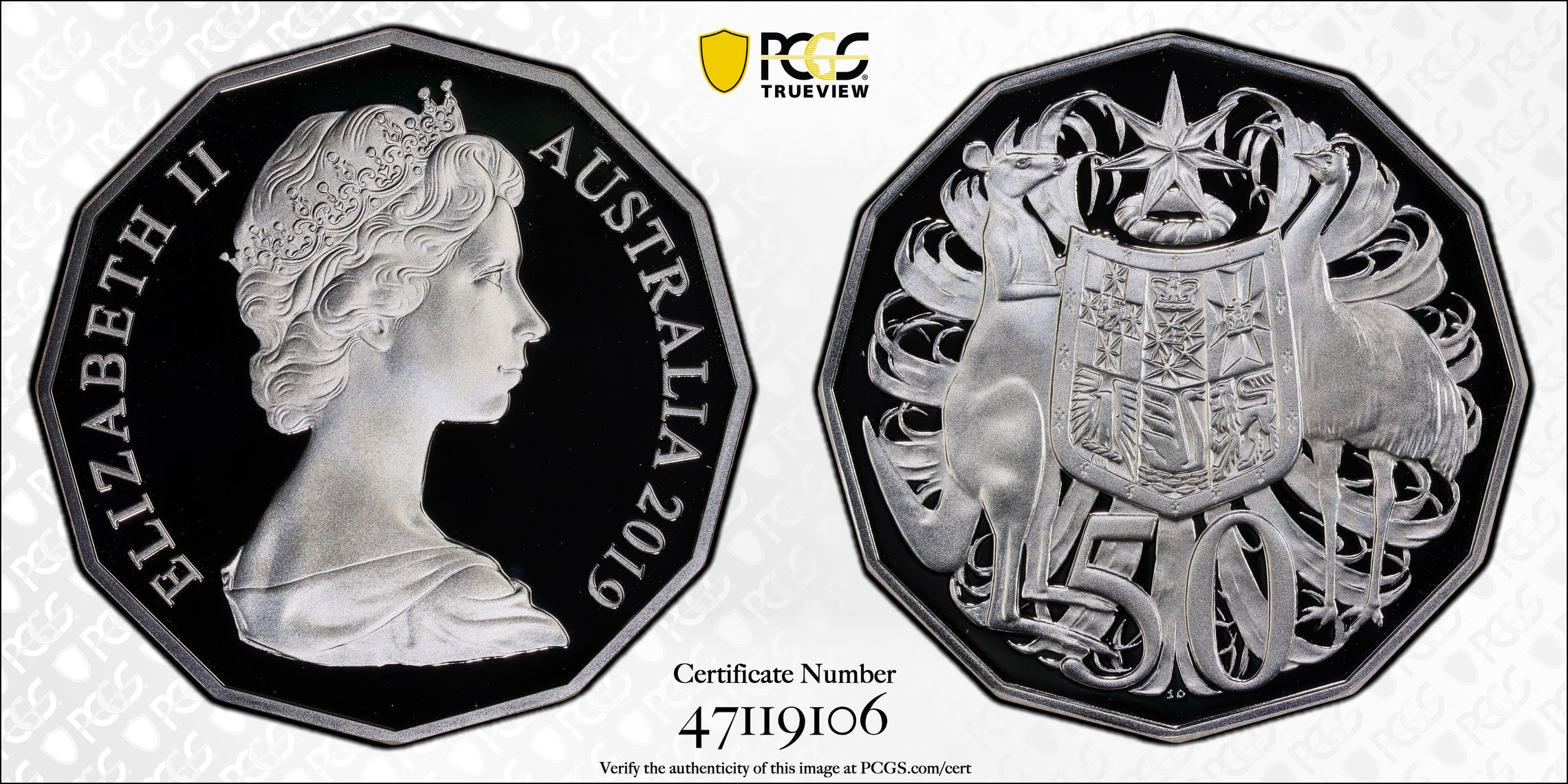 Dodecagon 50C 50th Ann. Ag A. Machin Effigy, Fifty Cent, 2019, PCGS PR69DCAM