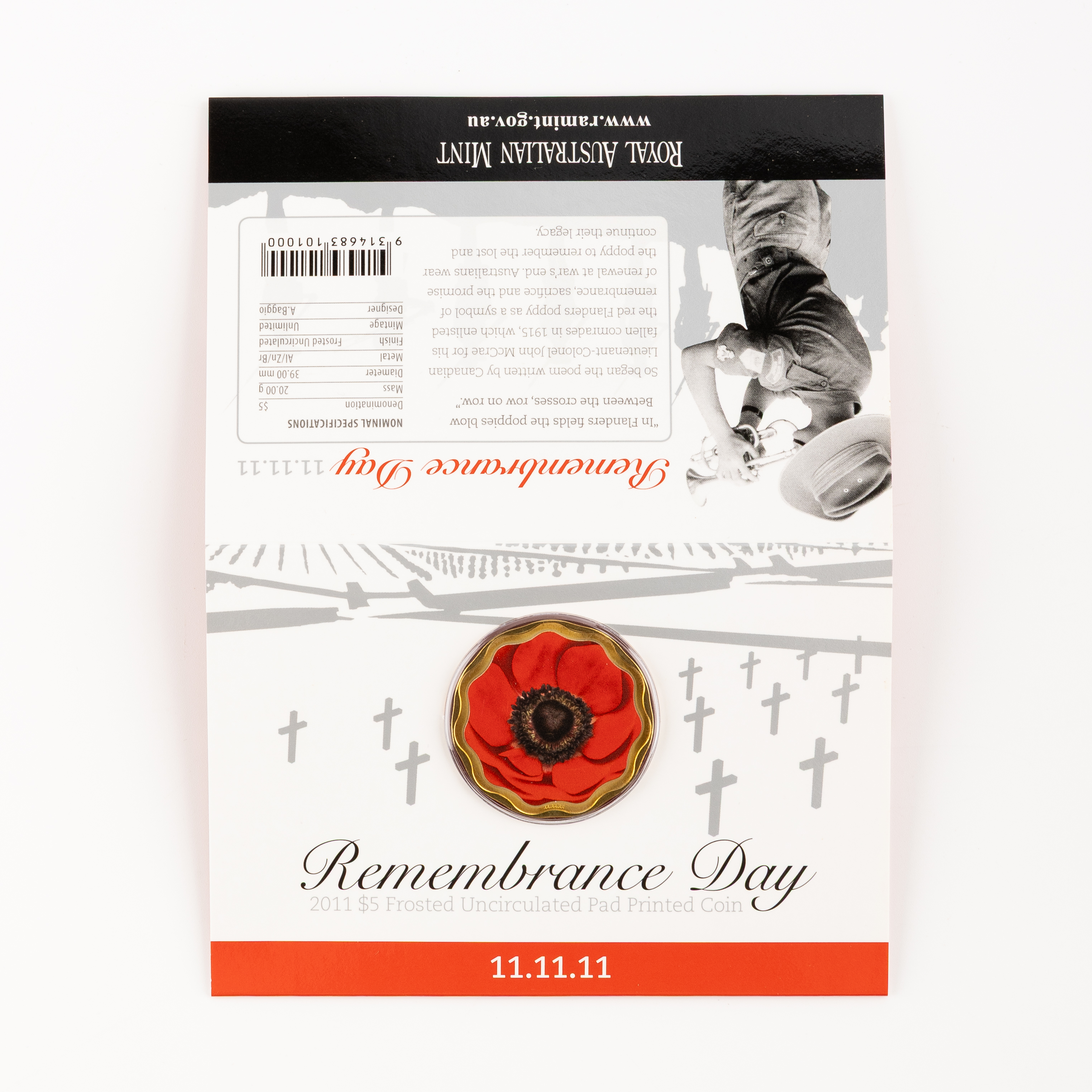 Elizabeth II, RAM - Remembrance Day, Five Dollars, 2011, UNC