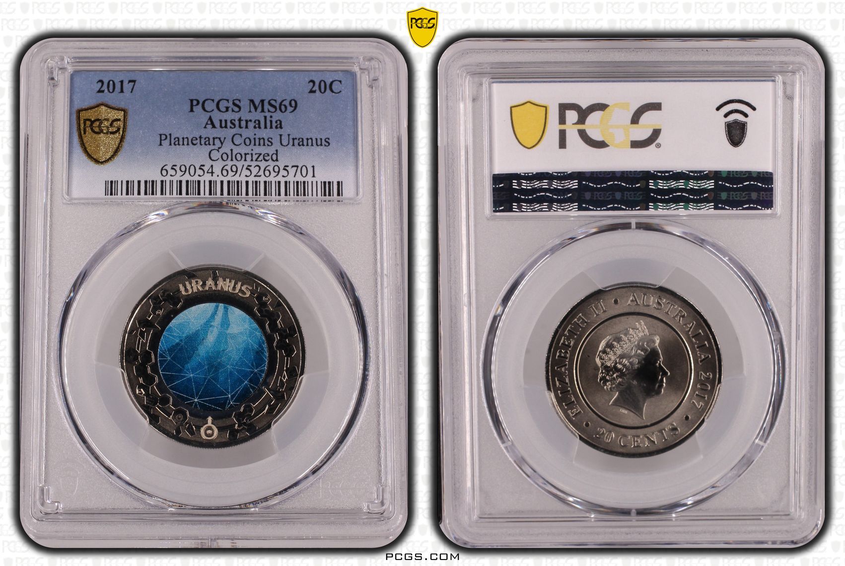 342 · Planetary Coins Uranus Colourised, Twenty Cent, 2017, PCGS MS69