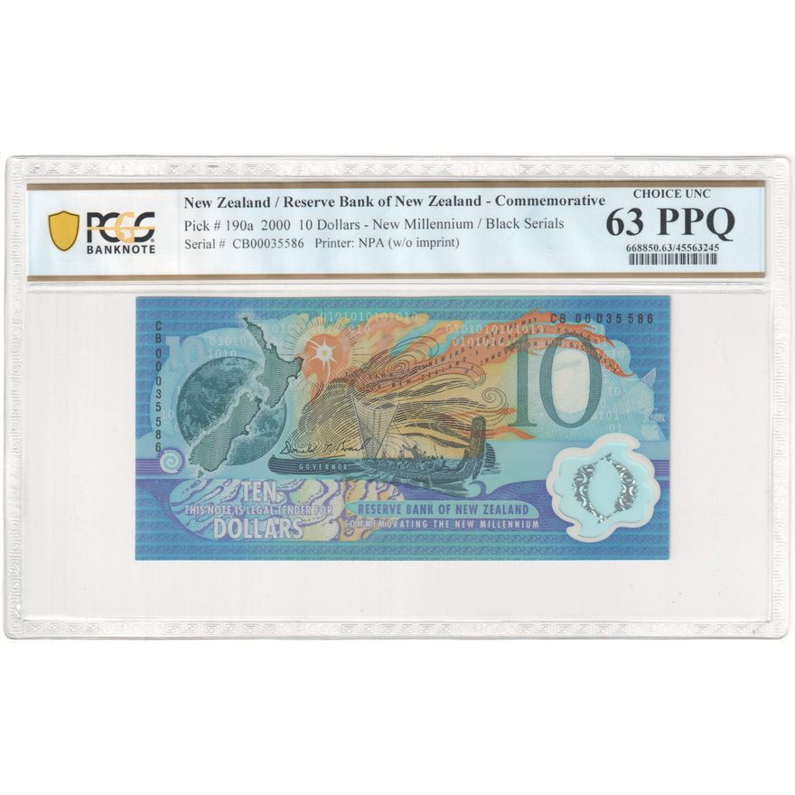New Zealand, Reserve Bank of New Zealand, NPA (w/o imprint), New Millennium/Black Serials, Ten Dollar, 2000, PCGS - Choice UNC 63 PPQ