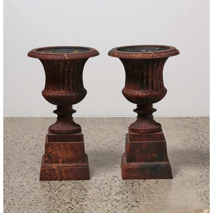 Pair of cast iron urns on plinths