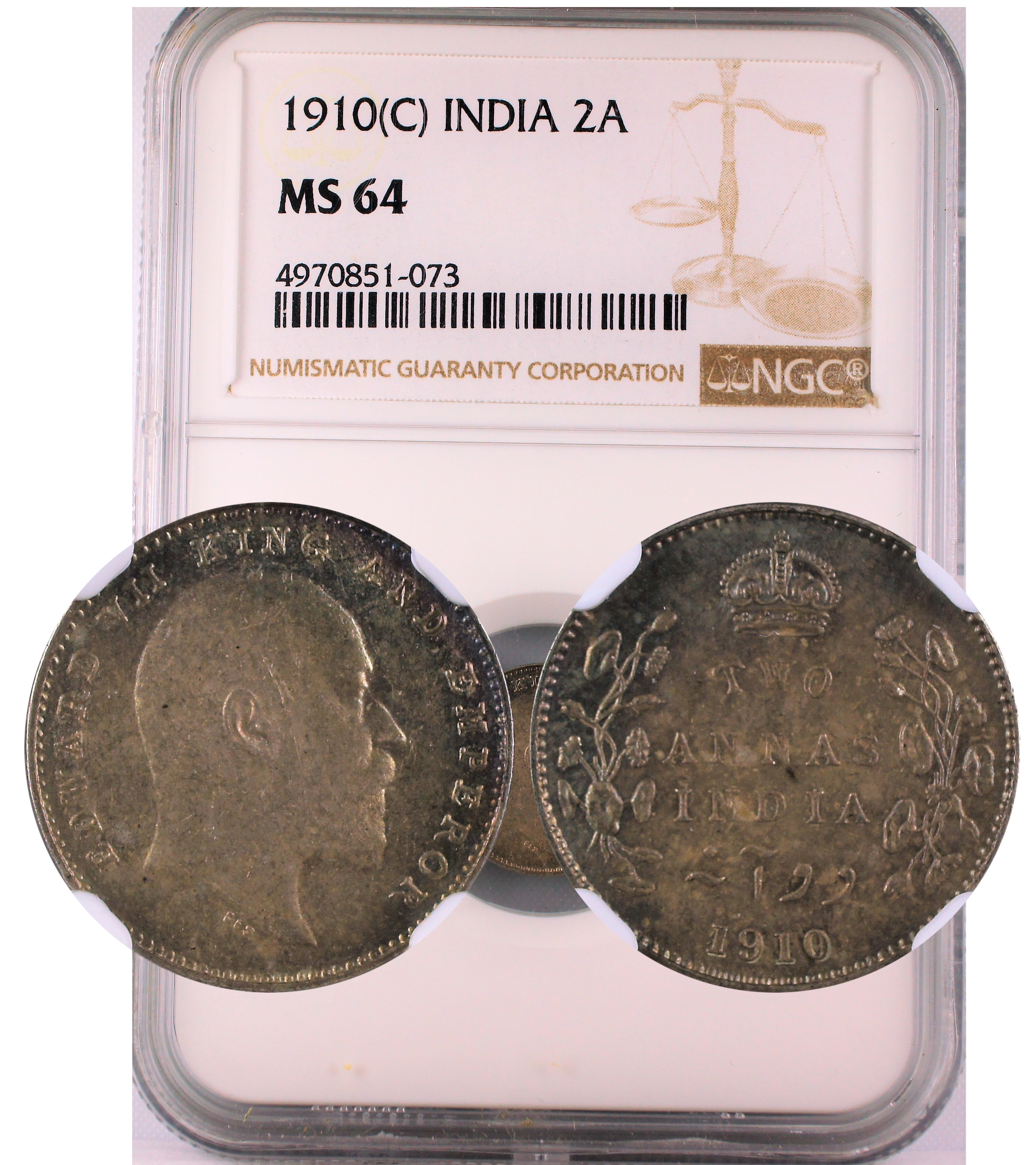 1910 C INDIA 2ANNA MS64, Dot on Vine