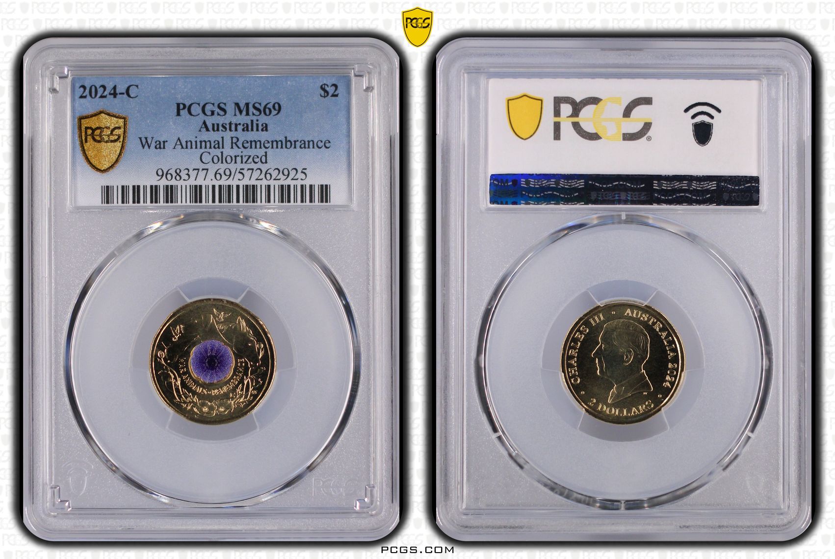 War Animal Remembrance Colourised, Two Dollar, 2024-C, PCGS MS69