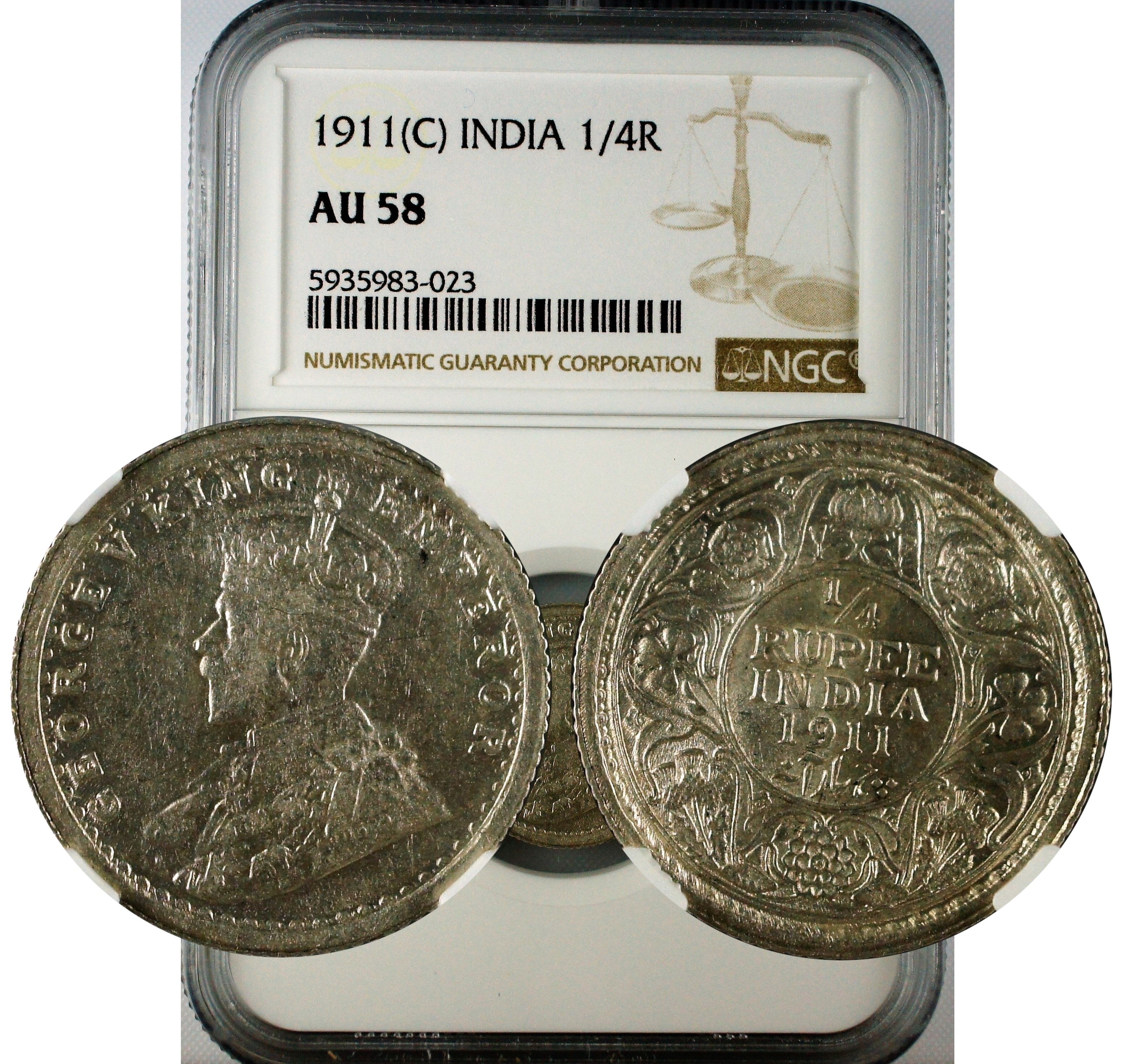 India 1911 C 1/4 Rupee NGC AU58
