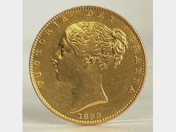 1839 VICTORIA YOUNG HEAD LONDON MINT SHIELD GOLD SOVEREIGN