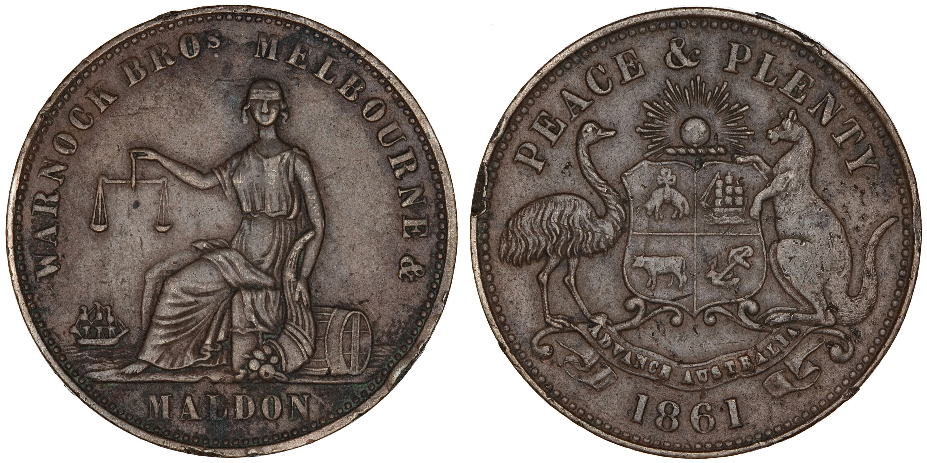 176 · A.604 Warnock Bros, Melbourne & Maldon, VIC, Halfpenny, 1861,  VF