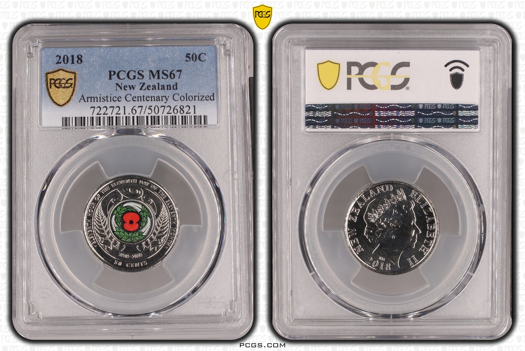 New Zealand, Armistice Centenary Colorized, Fifty Cent, 2018, PCGS MS67