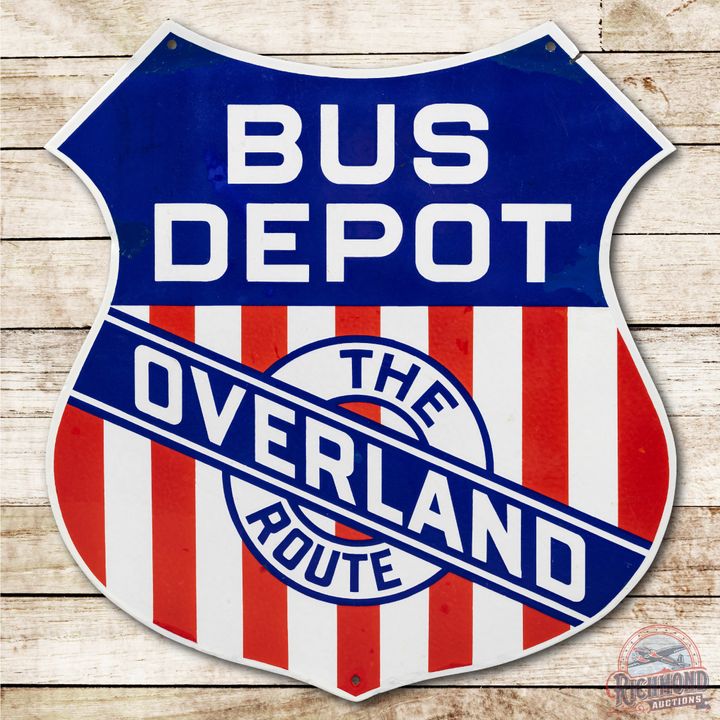Union Pacific Railroad The Overland Route Bus Depot Double Sided Porcelain Sign