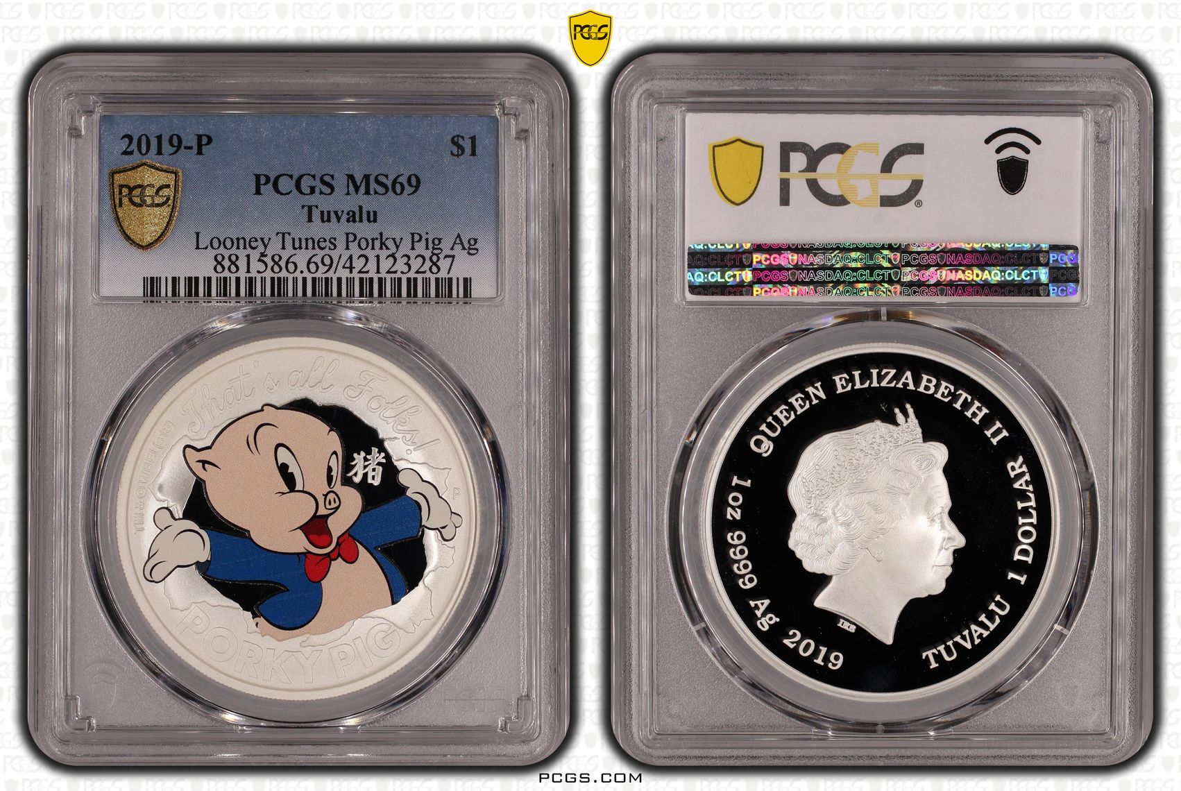 Tuvalu, Looney Tunes Porky Pig Ag Colorized, One Dollar, 2019-P, PCGS PR69DCAM