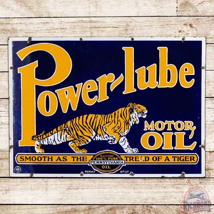 Excellent Power-Lube Motor Oil "Smooth as the Tread of a Tiger" Double Sided Porcelain Sign