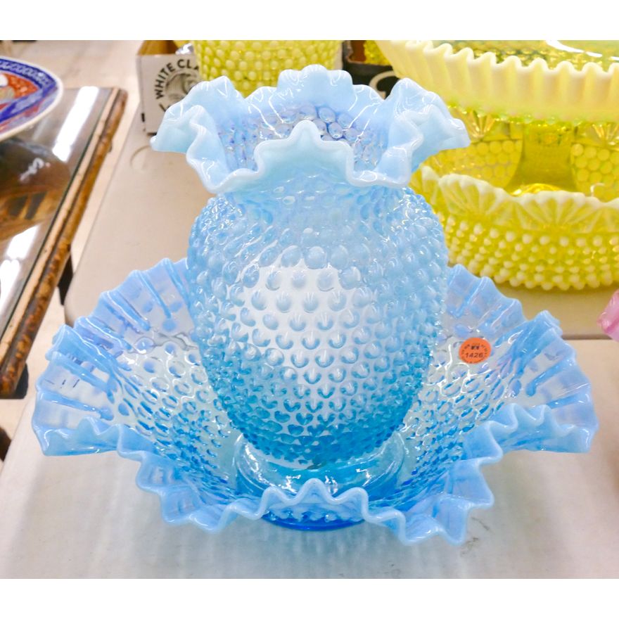 2pc Fenton Blue Hobnail Ruffled Vase & Bowl 8'' to 11''