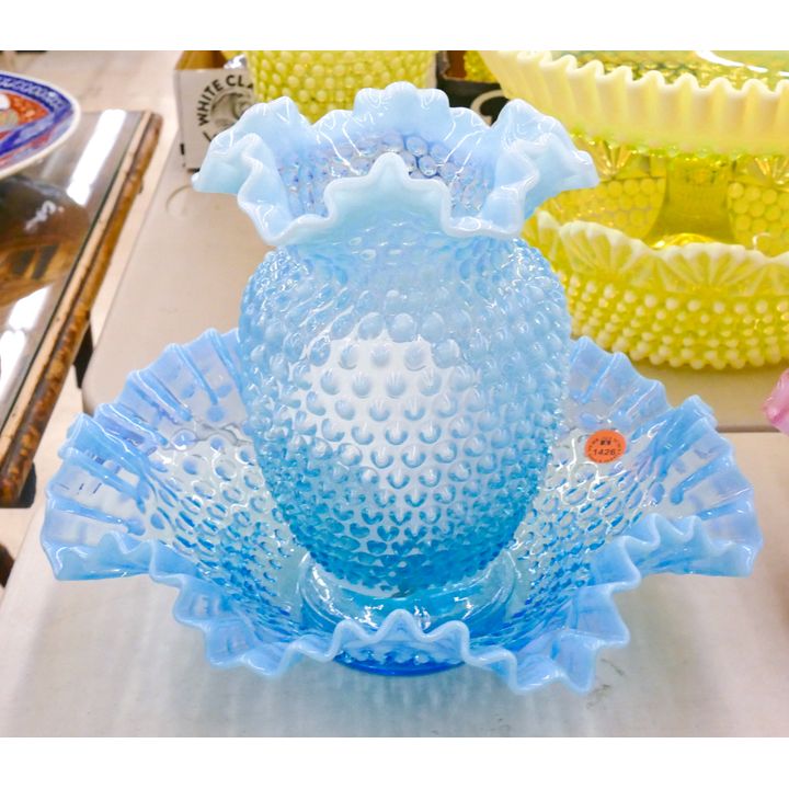 2pc Fenton Blue Hobnail Ruffled Vase & Bowl 8'' to 11''