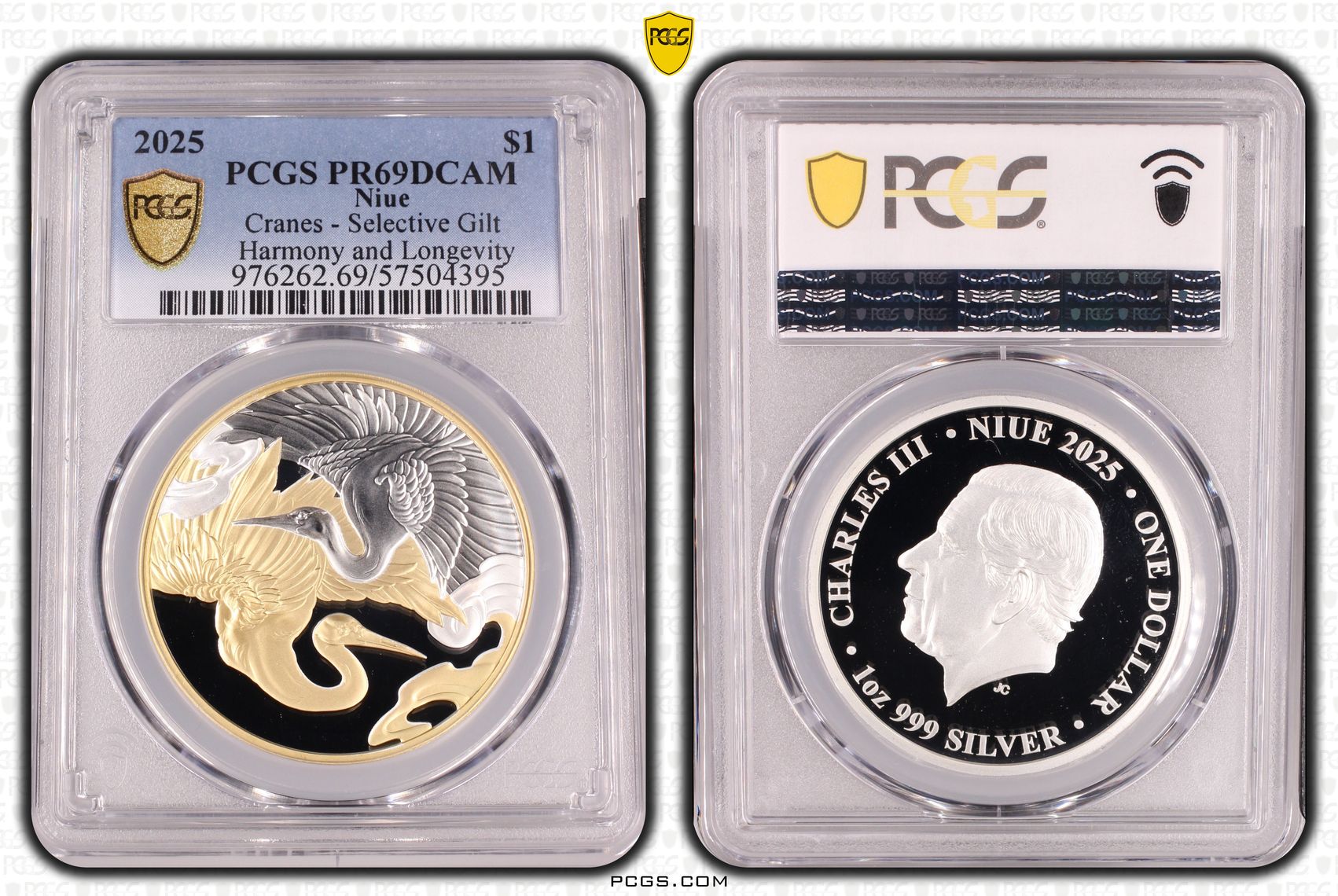 Niue, Cranes - Selective Gilt Harmony and Longevity, One Dollar, 2025, PR69DCAM