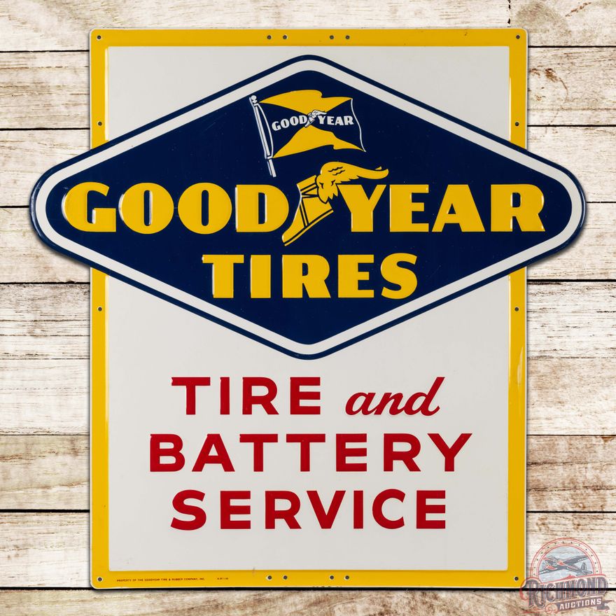 Goodyear Tire and Battery Service Die Cut Emb. Single Sided Tin Sign w/ Logo