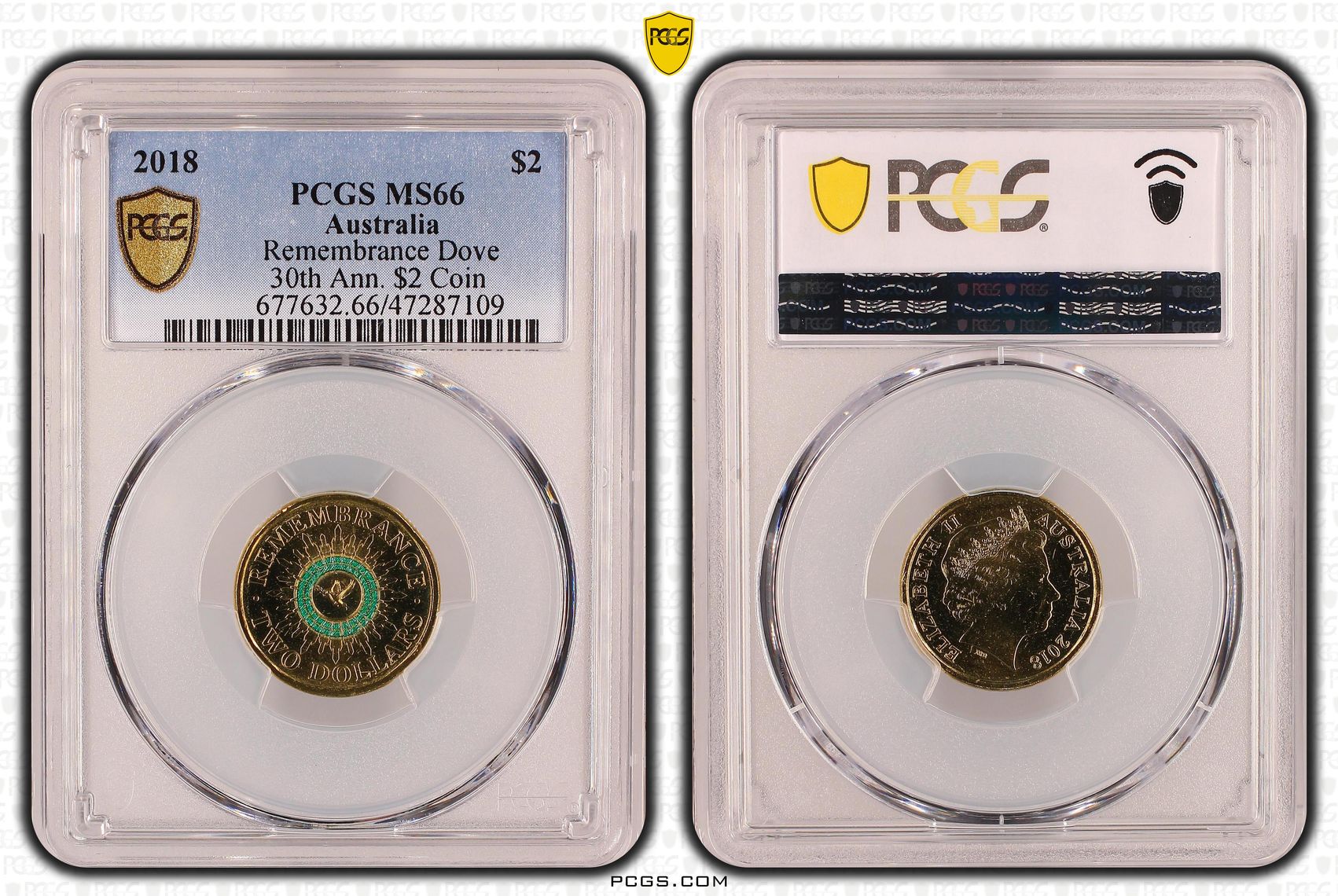 Elizabeth II, Remembrance Dove 30th Ann. $2 Coin, Two Dollar, 2018, PCGS MS66