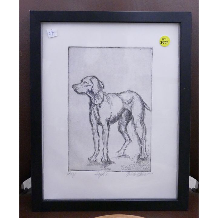 Modern Etching of Dog S/N- framed 14x11''