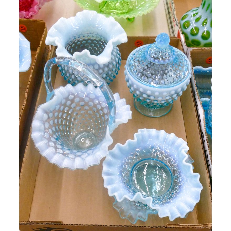 Box 5pc Fenton Blue Hobnail Glass Assorted