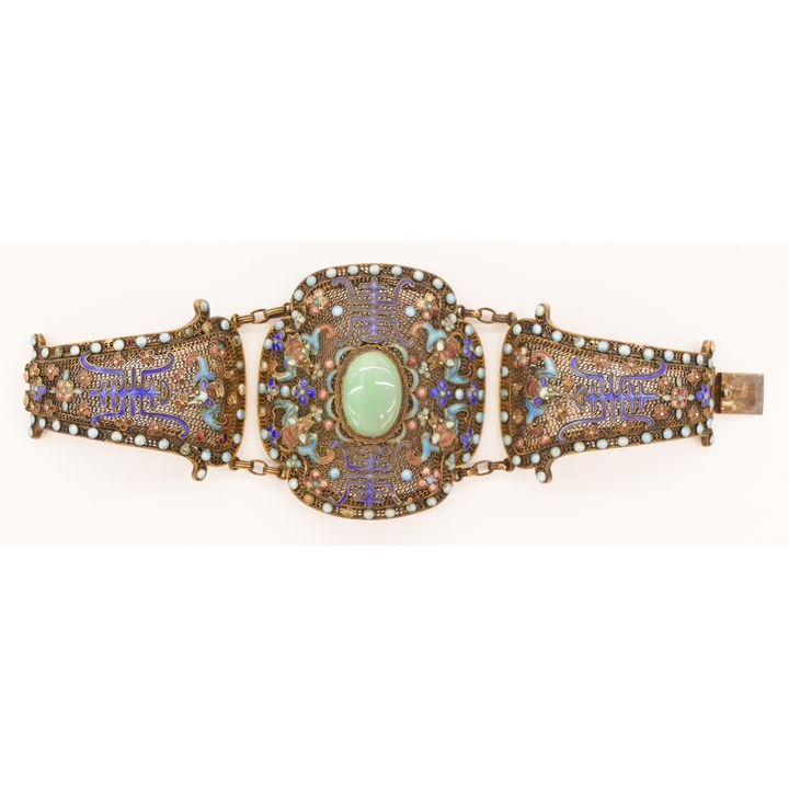 Old Chinese Jade Enameled Silver Filigree Bracelet
