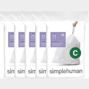 20 COUNT (PACK OF 5) SIMPLEHUMAN CODE C CUSTOM FIT DRAWSTRING TRASH BAGS, 10-12 LITER / 2.6-3.1 GALLON, WHITE, 100 COUNT