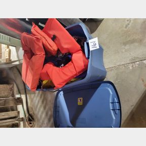 Large tote, life vests, and inflatable water toys