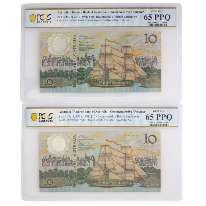 Consecutive Pair, Johnston/Fraser, Ten Dollars, 1988, 65 PPQ
