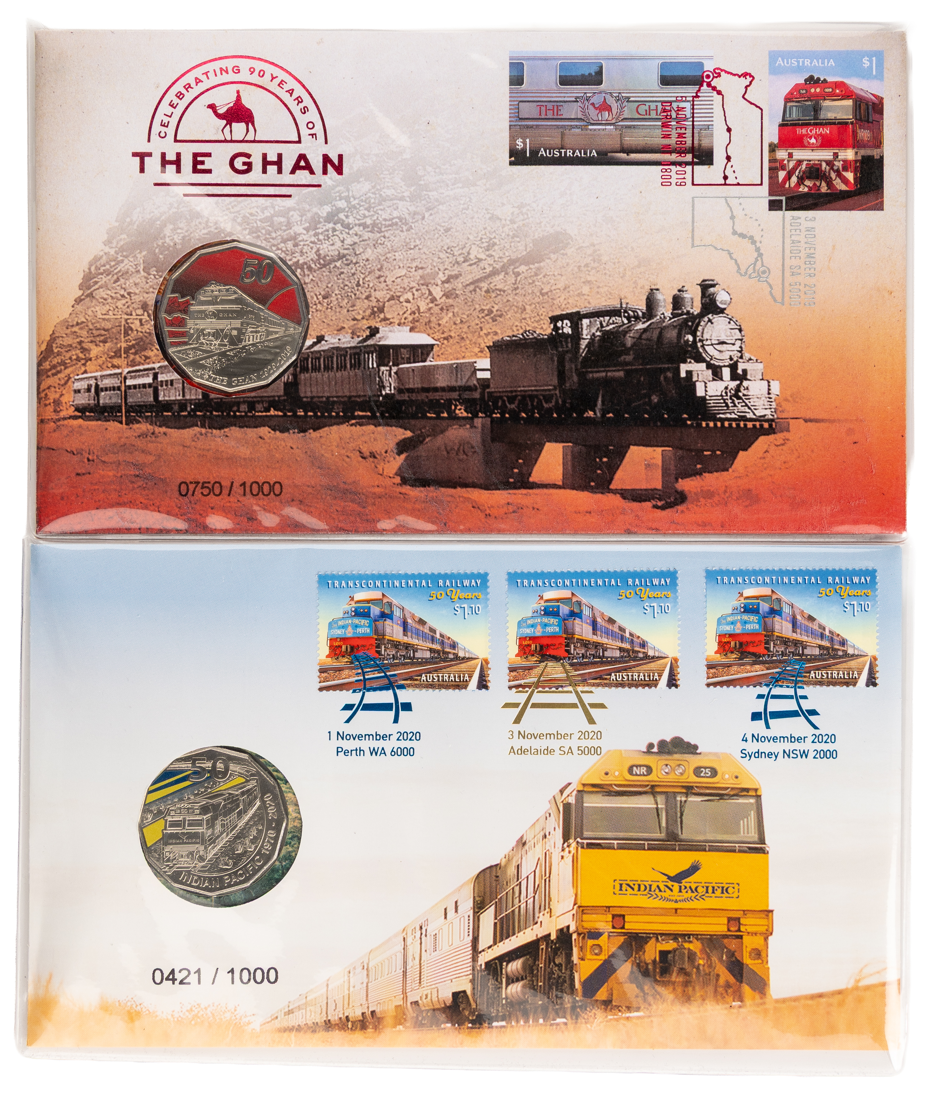 164 · The Ghan & Indian Pacific Limited Edition Issue, Fifty Cents, 2019 - 2020,  UNC