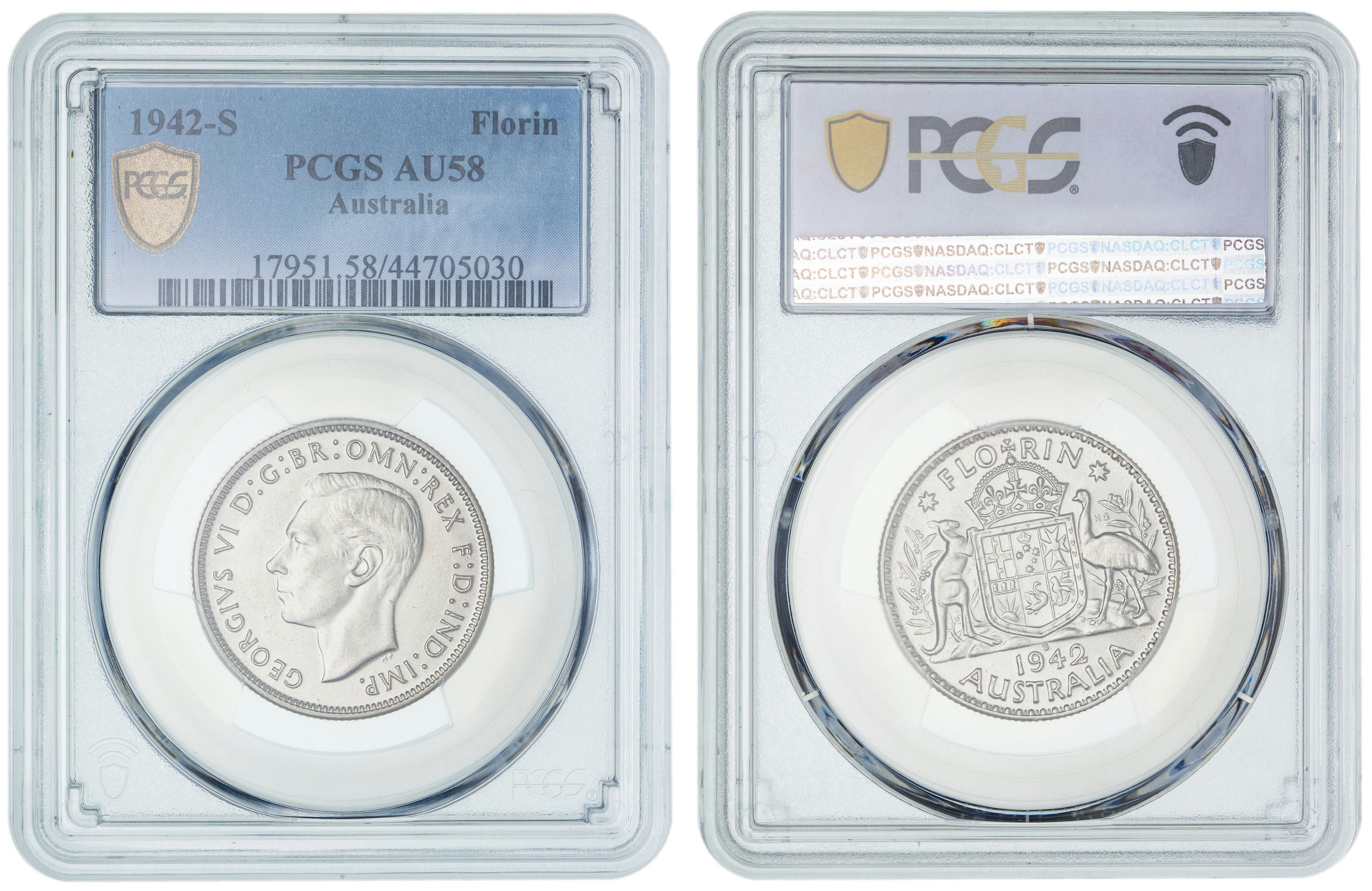 George VI, Florin, 1942-S, PCGS AU58